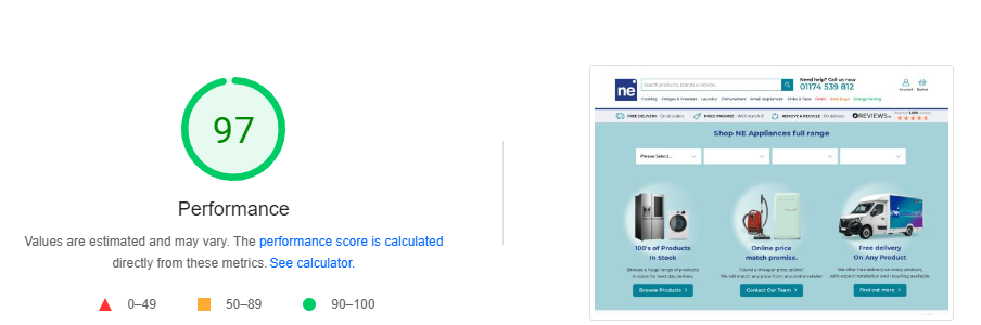 A 97 out of 100 Performance Score from Google Lighthouse for C3's recent rebuild of NE Appliances website.