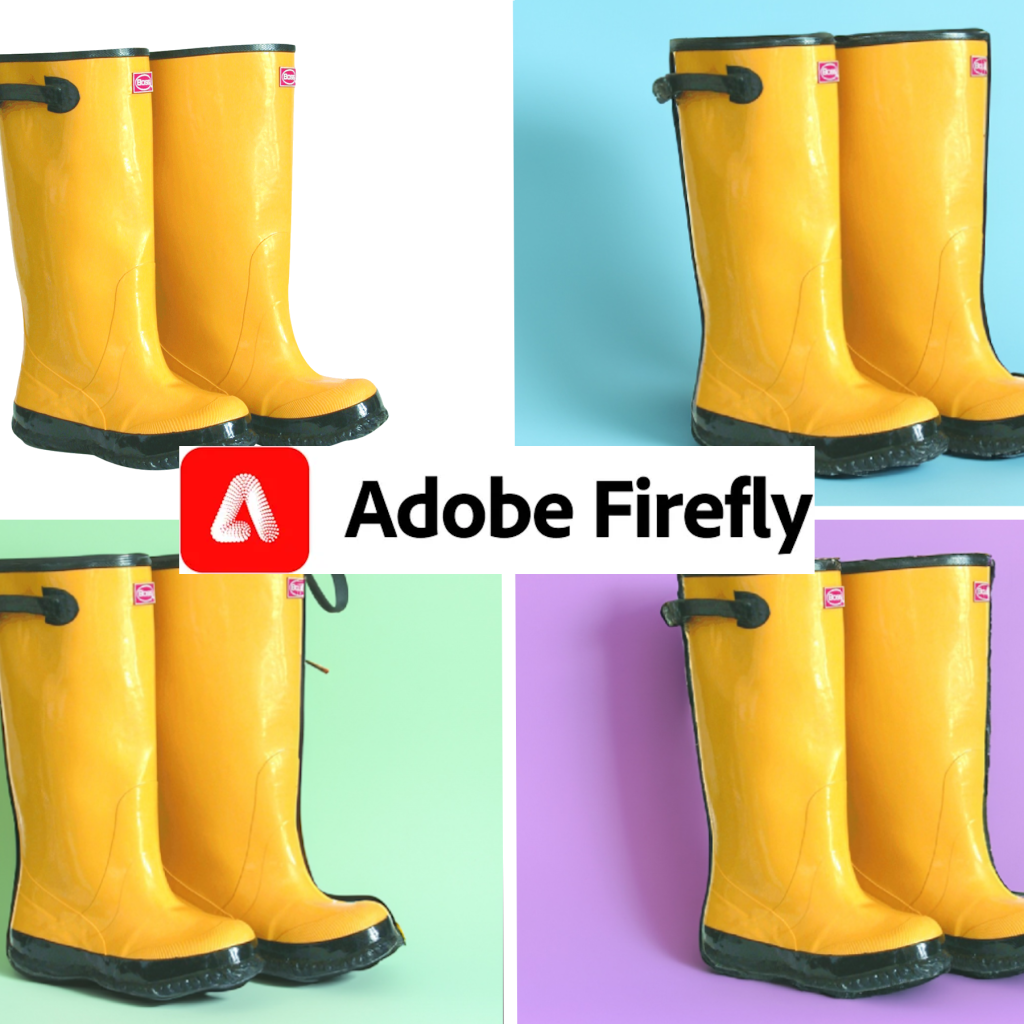 4 images of wellington boots with different colour backgrounds, overlayed with the Adobe Firefly logo in the centre