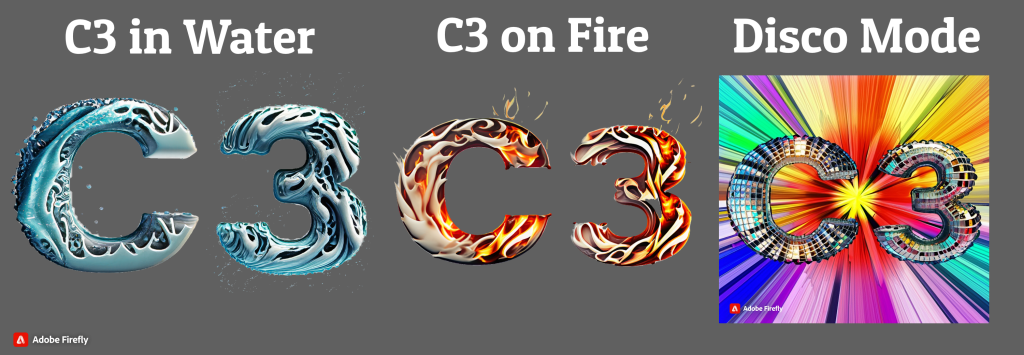 An AI generated image of A font creator with C3 used as in example both in water form, fire form and Disco Mode