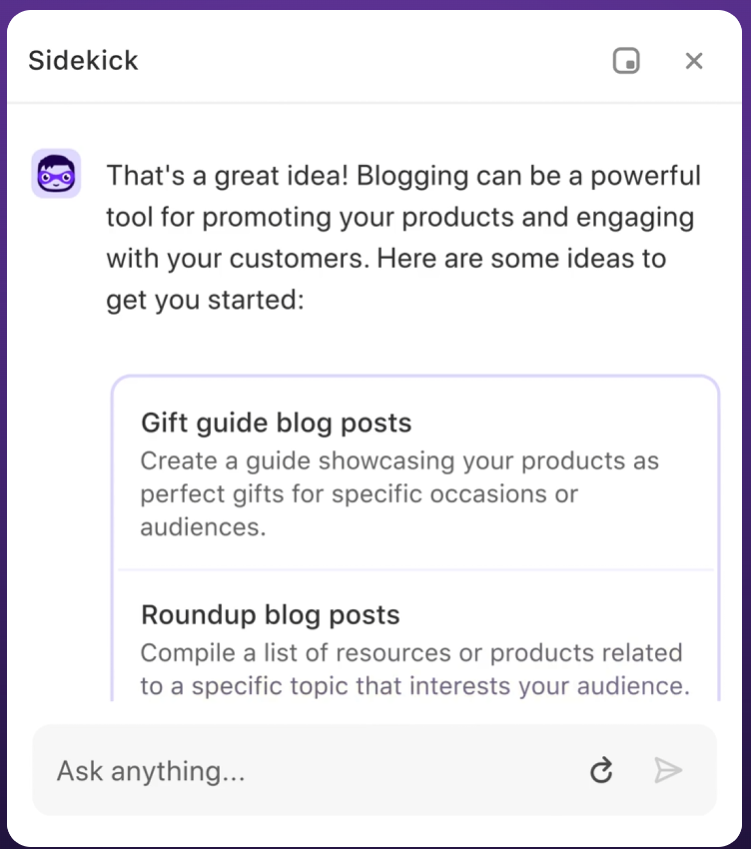 An example of Shopify's Sidekick that allows store owners to seek advice from an AI assistant. In this example blog post ideas for their store. 